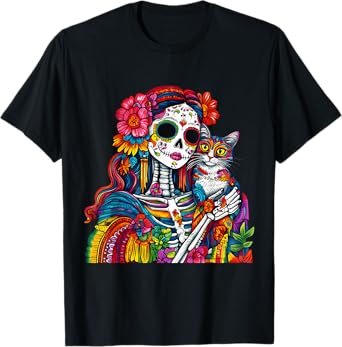 Cute Da De Los Muertos Cat Skeleton Sugar Skull T-Shirt