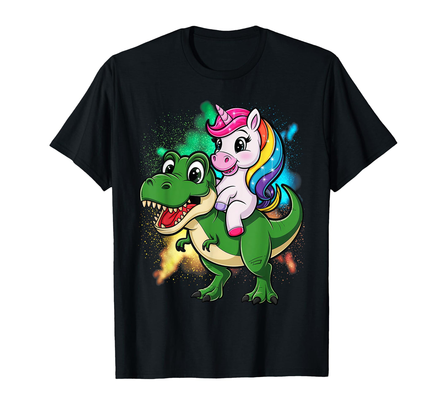 Unicorn Riding T rex Dinosaur Boys Girls Men Women Rainbow T-Shirt