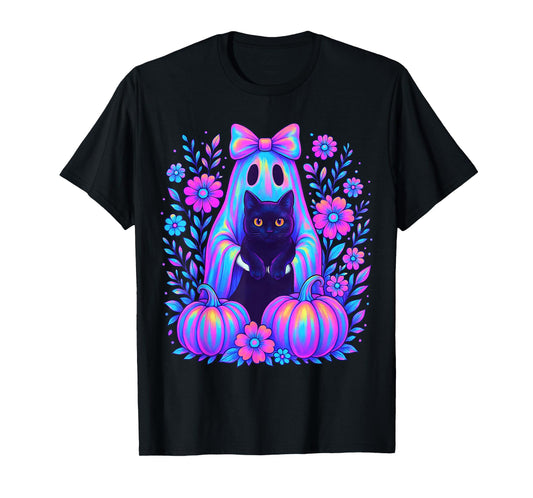 Colorful Halloween Ghost Holding Black Cat Bow Spooky Women T-Shirt