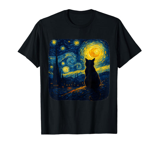 Cat Starry Funny Night Cat Lover Van Gogh Cat Mom Cat Dad T-Shirt