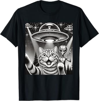 Funny Cat Selfie with UFO Alien Abduction Extraterrestrial T-Shirt