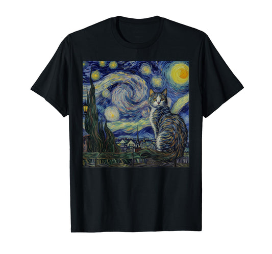 Cat Starry Night Van Gogh Cat For Cat Lover Cat Mom Cat Dad T-Shirt
