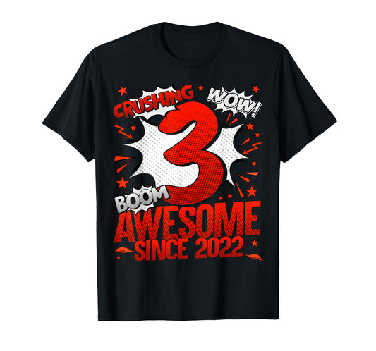 Comics Style 2025 Birthday Gifts HH 3 Year Old Boy Black Cartoon T-Shirt