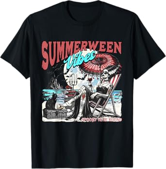 Cute Summerween Vibes Spooky Summer Halloween Skeleton Girly T-Shirt