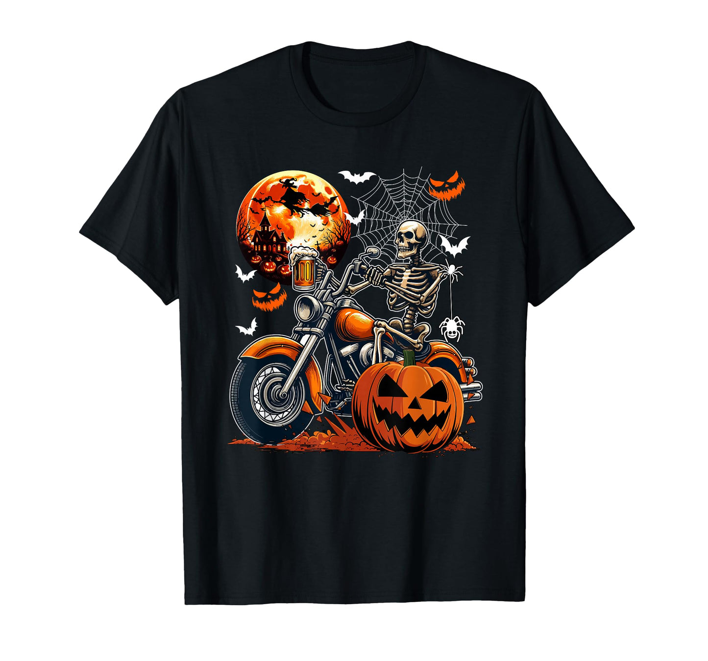 Skeleton Drinking Beer On Motorcycle Halloween Pumpkins T-Shirt