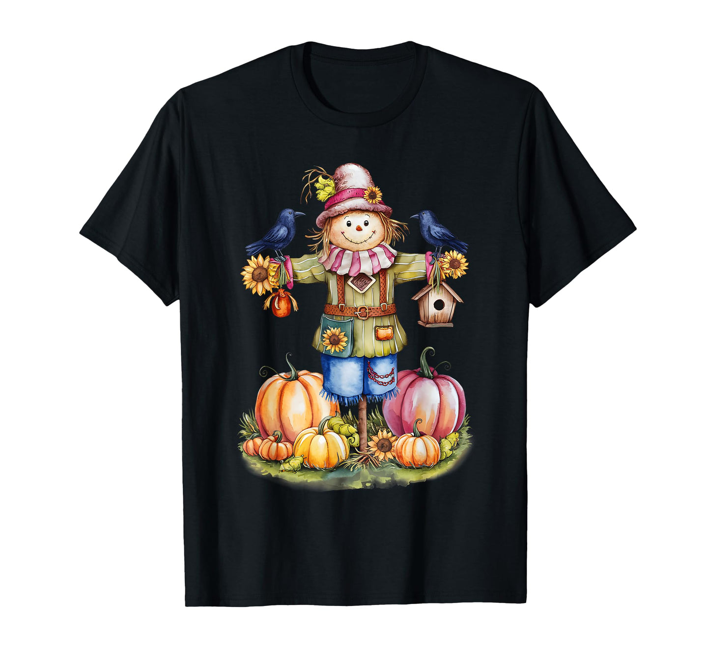 Scarecrow In Pumpkin Garden Hello Fall Autumn Falling Leaves T-Shirt