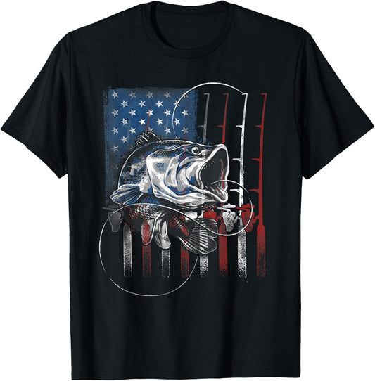 Fishing American Flag Vintage USA Bass Fisherman Gift T-Shirt