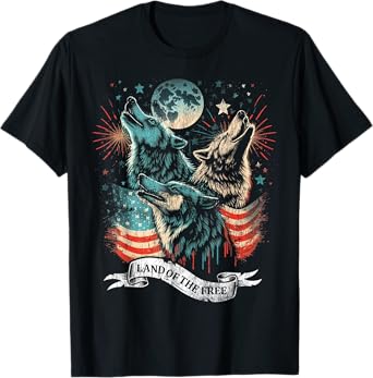 Wolf 4th of July American Flag Howling America Moon Funny T-Shirt for Women Kids Men