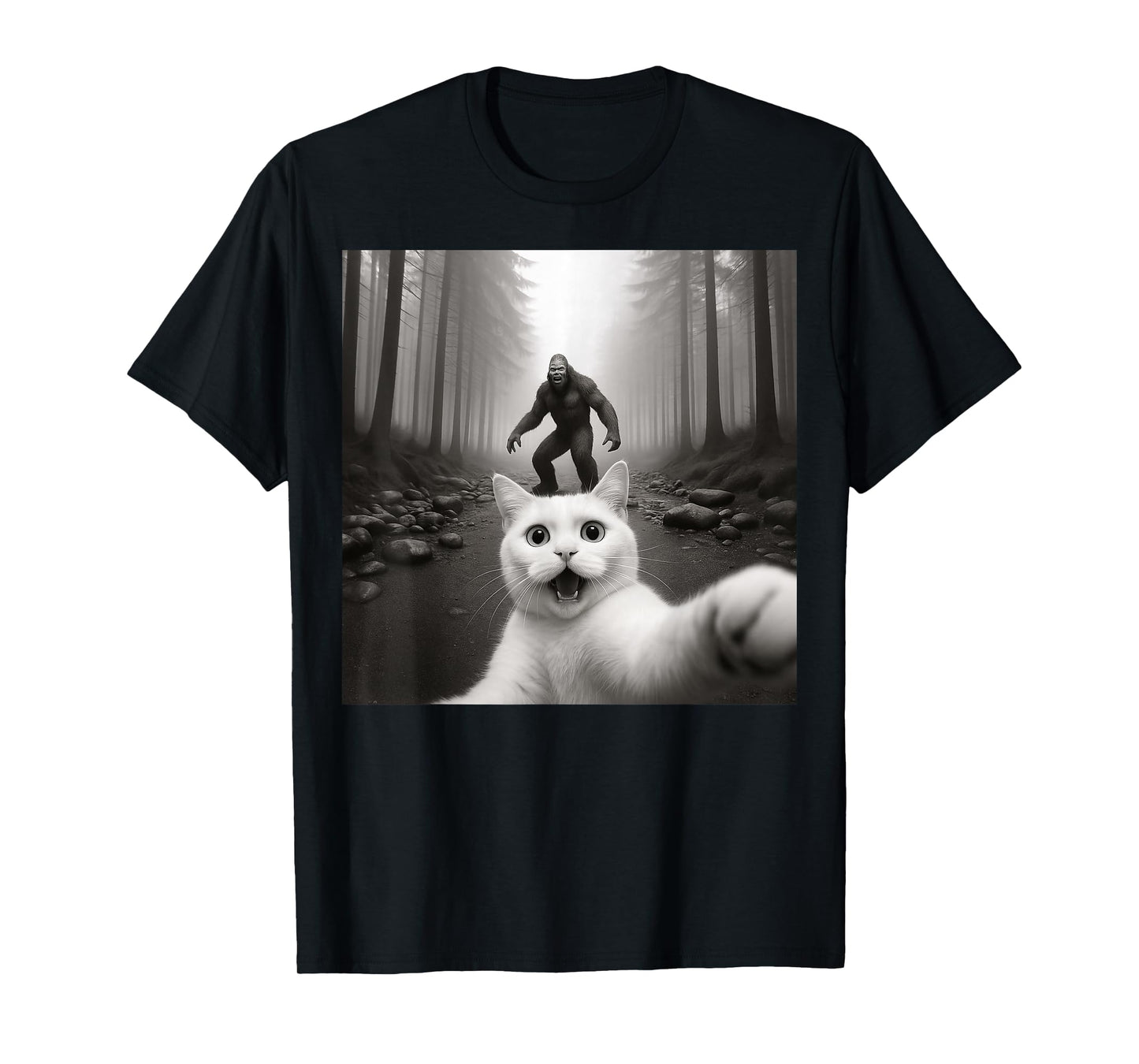 Cat Selfie With Bigfoot Funny Cats Gifts Men Women Boy Girl T-Shirt