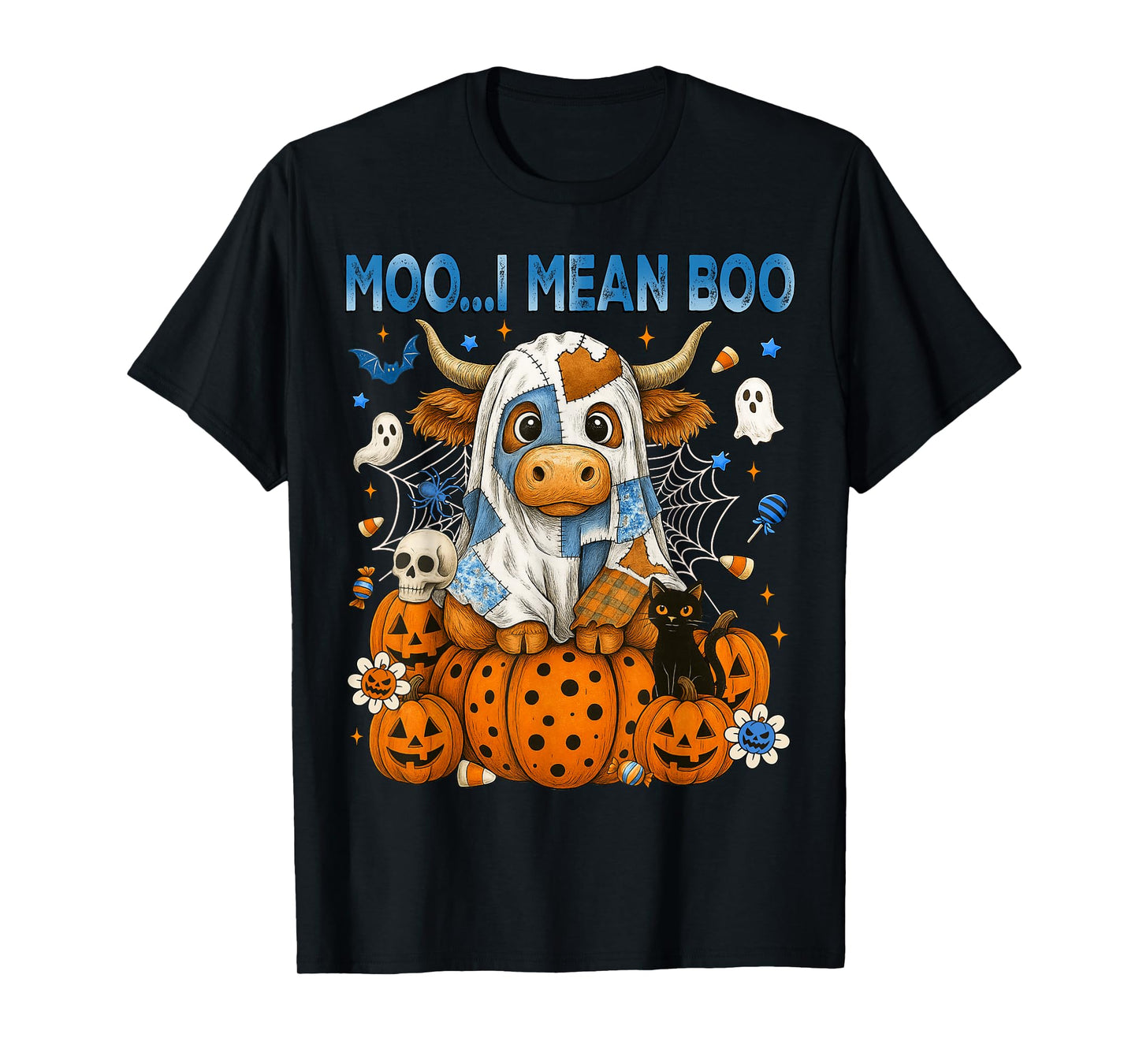 Retro Moo I Mean Boo Blue Denim Highland Cow Ghost Halloween T-Shirt