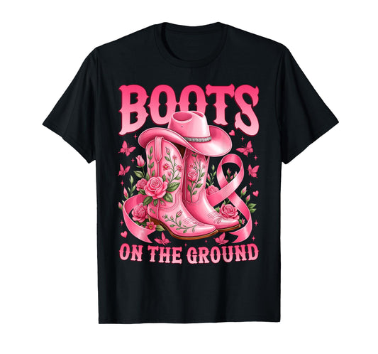 Boots On The Ground Breast Cancer Awareness Pink Ribbon T-Shirt