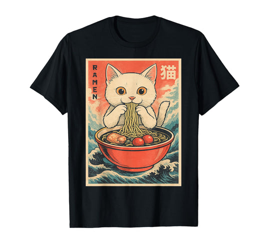 Anime Kawaii Cat Eating Ramen Noodles Gifts Men Women Kids T-Shirt