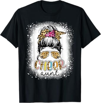 Cheer Aunt Leopard Messy Bun Cheerleader Mothers Day Funny T-Shirt