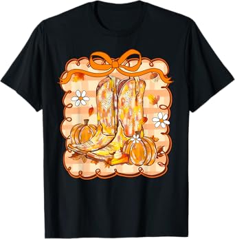 Cute Pumpkin Cowgirl Boots Coquette Bows Western Fall Howdy T-Shirt