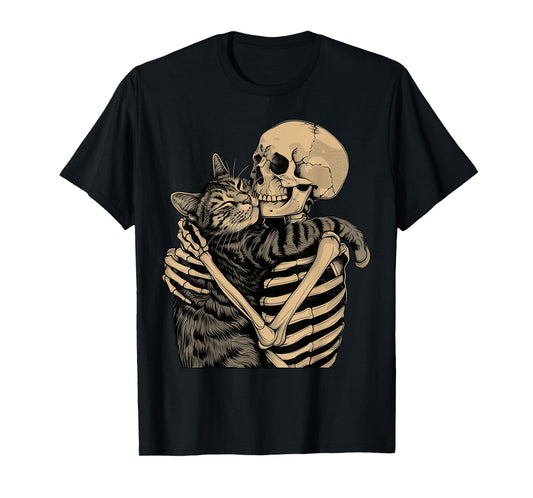 Skeleton Hugging Cat Halloween Cat Lover Cat Mom Dad T-Shirt