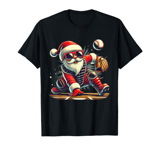 Santa Playing Baseball as Catcher Boys Kids Teens Christmas T-Shirt