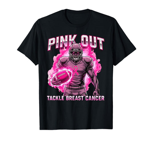 Pink Ribbon Football Pink Out Tackle Breast Cancer Awareness T-Shirt