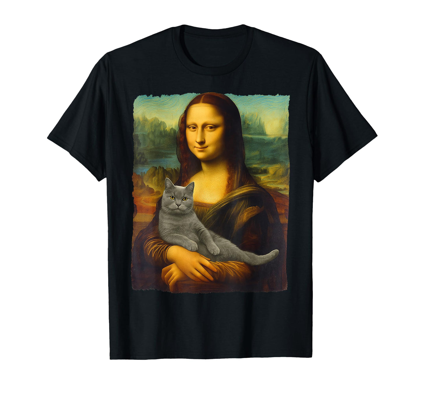 Mona Lisa Gray Cat Art Funny Gifts Cat Lover Cat Mom Cat Dad T-Shirt