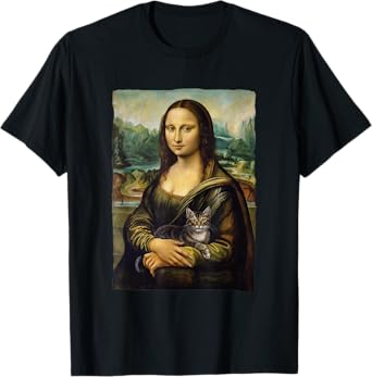 Mona Lisa Holding Grey Cat Portrait Art Painting T-Shirt for Men Women Kids
