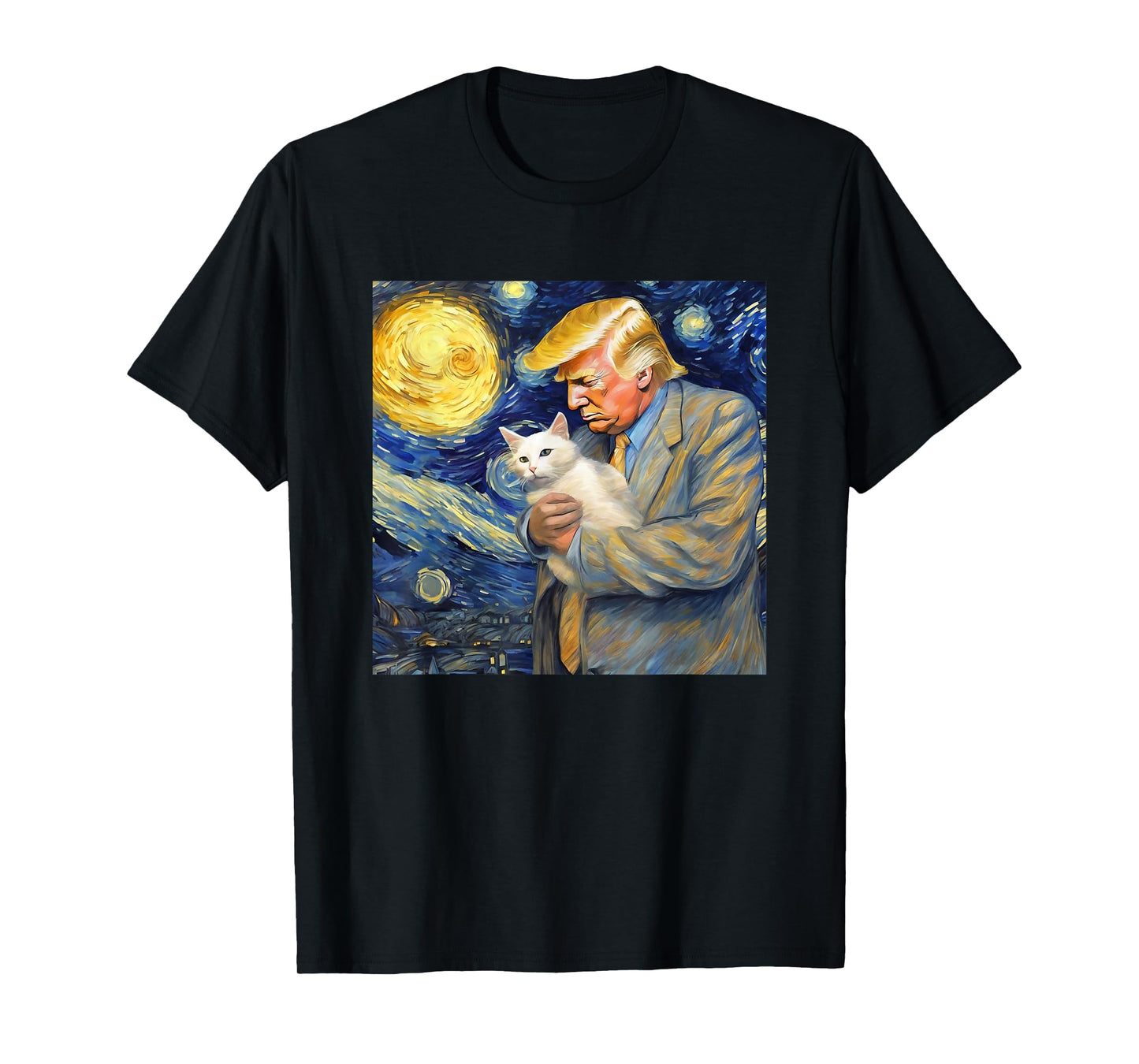 Starry Night Painting with Cat and Donald Trump Van Gogh T-Shirt