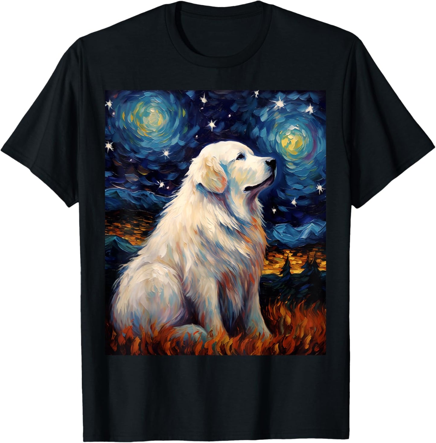 Surreal Starry Night Great Pyrenees Dog T-Shirt