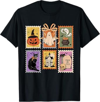 Preppy Vintage Coquette Bow Boojee Ghosts Stamp Halloween T-Shirt