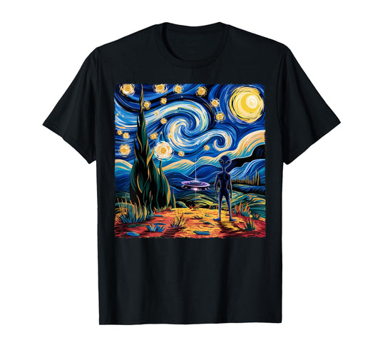Alien Van Gogh Starry Night UFO Gifts For Men Women Boys Kid T-Shirt