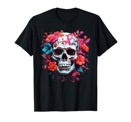 Breast Cancer Skull Shirt For Women Sugar Skull Pink Ribbon T-Shirt