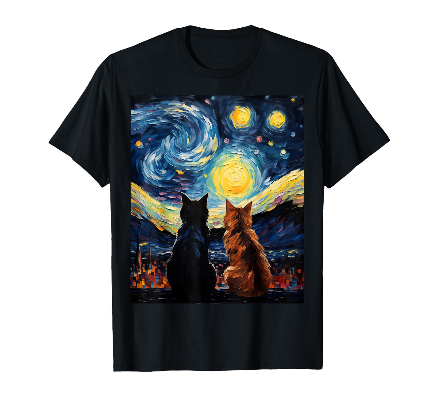 Funny Couples Cats Lover Starry Night Vincent van Gogh Cat T-Shirt for Men Women Girls Kids