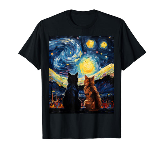 Funny Couples Cats Lover Starry Night Vincent van Gogh Cat T-Shirt for Men Women Girls Kids