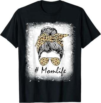 Mom Life Bleached Shirt Mom Life Leopard Messy Bun T-Shirt
