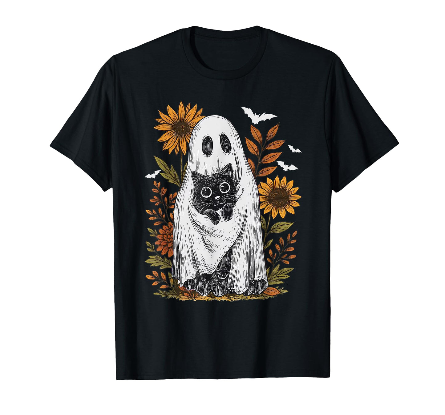 Funny Ghost Holding Black Cat Halloween Ghost Cat Lovers T-Shirt