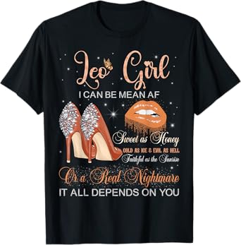 Leo Girl Zodiac Birthday High Heels Dripping Lips Butterfly T-Shirt