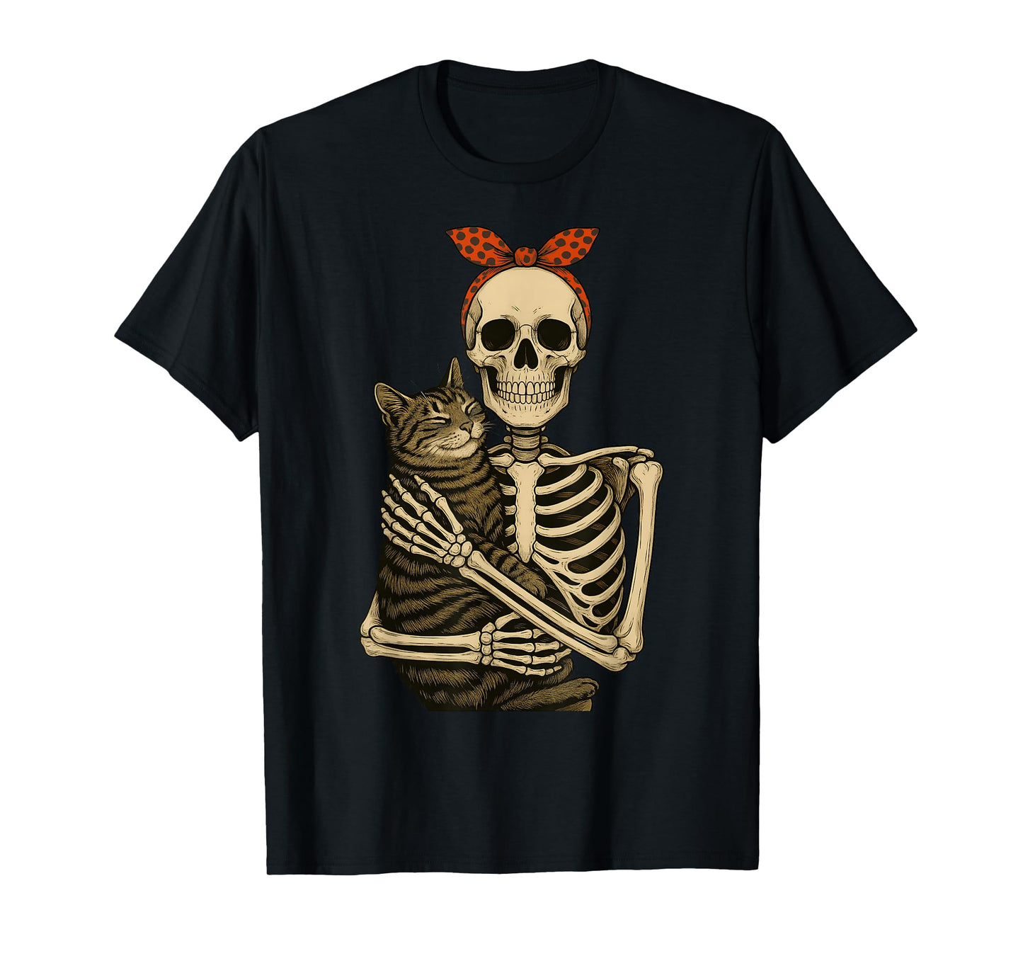 Skeleton Hugging Cat Halloween Cat Lovers Bandana Women Kid T-Shirt