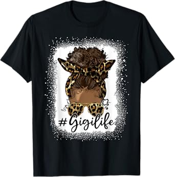 Gigi Life Black Women Afro Messy Bun Leopard Mother's Day T-Shirt