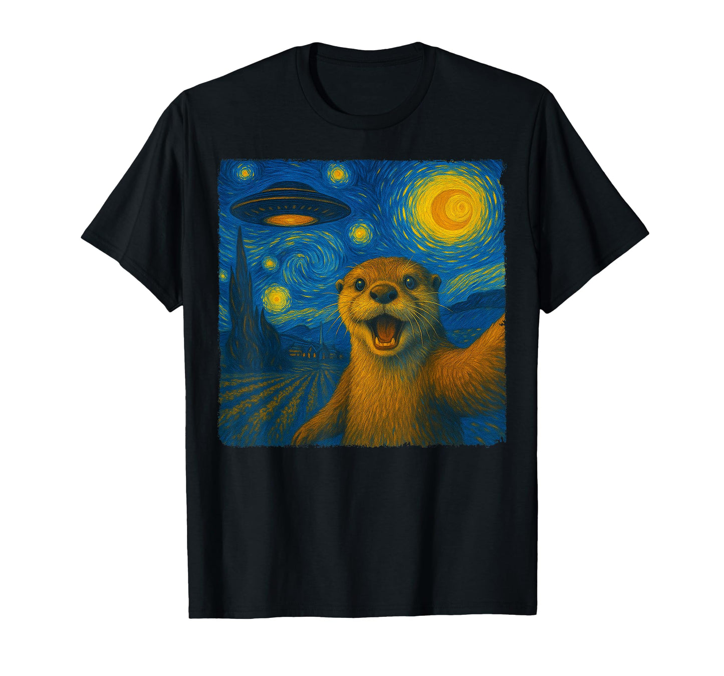Otter Selfie with UFO Starry Night Van Gogh Men Women Kid T-Shirt