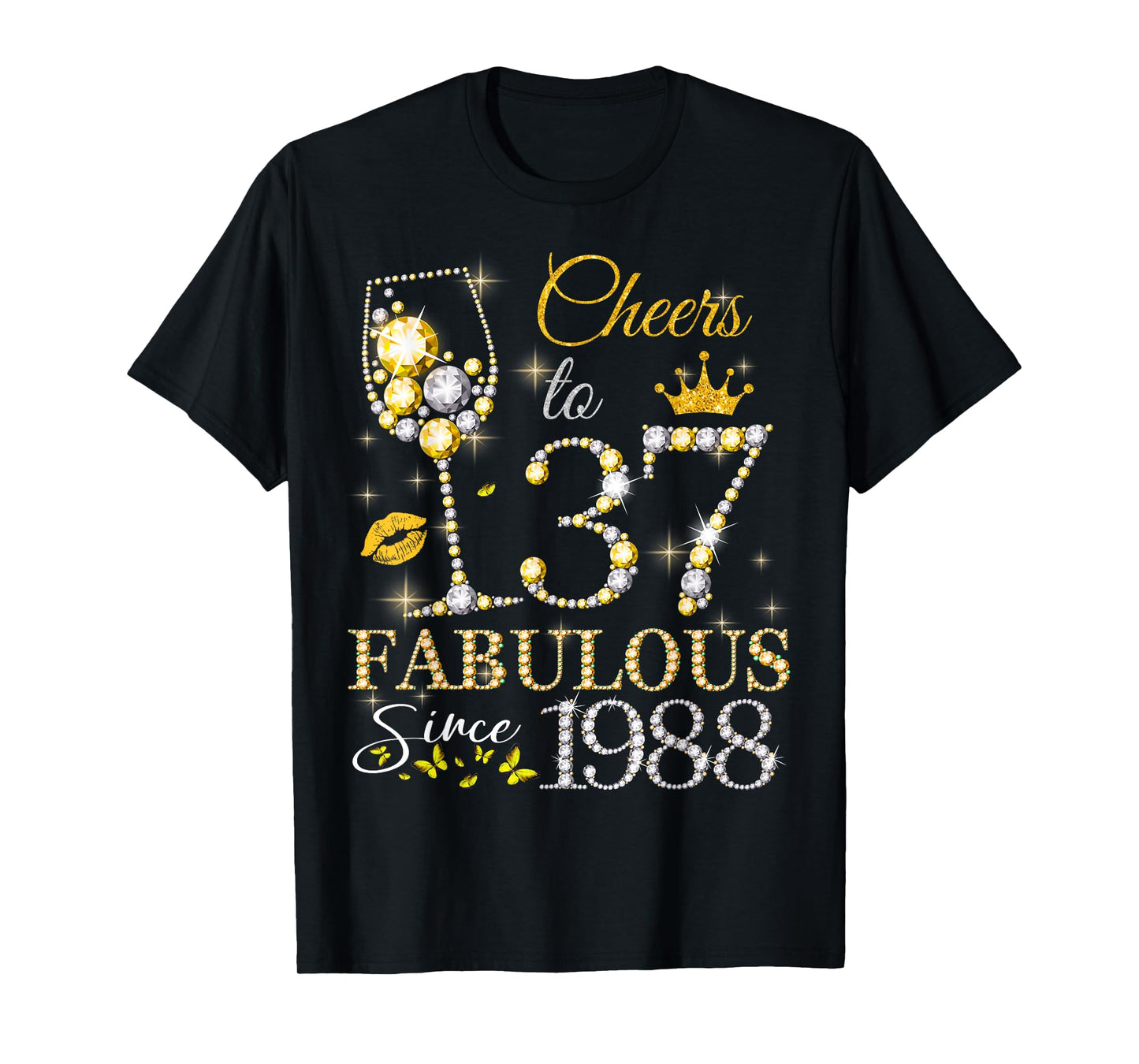 Womens Cheers to 37 Years Old EST 1988 37th Birthday Queen T-Shirt