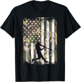 Camo Flag Baseball Player Vintage Patriotic Men Women Kids T-Shirt