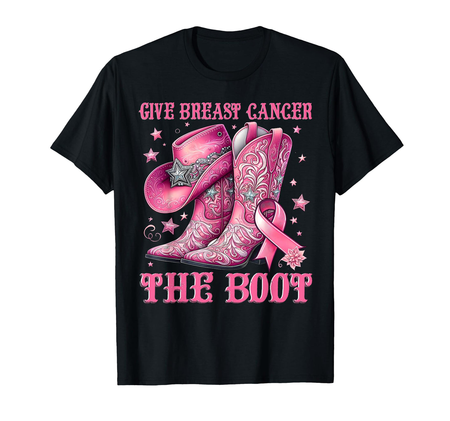 Give Breast Cancer The Boot Cowgirl Western Pink Ribbon T-Shirt