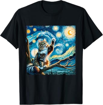 Vintage Cute Animals Cat Starry Night Kawai Norwegian Forest Men Women Kids T-Shirt