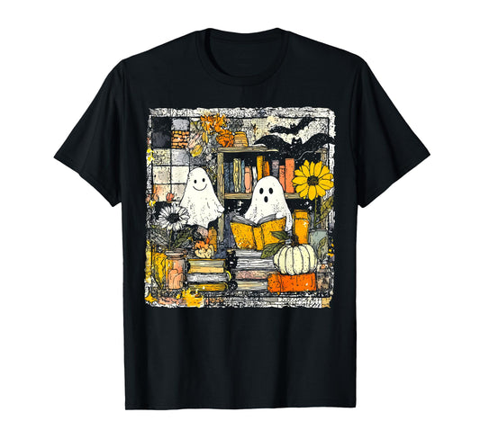 Vintage Ghost Reading Book Lovers Library Halloween Spooky T-Shirt