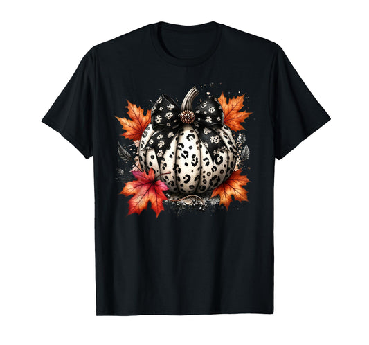 Coquette Bow Pumpkin Season Autumn Fall Leaves Thanksgiving T-Shirt