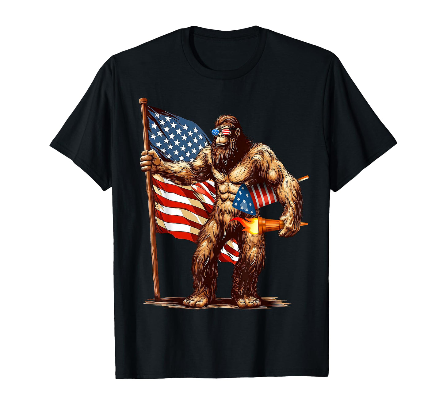 Bigfoot Fireworks 4th of July Men Sasquatch American US Flag T-Shirt