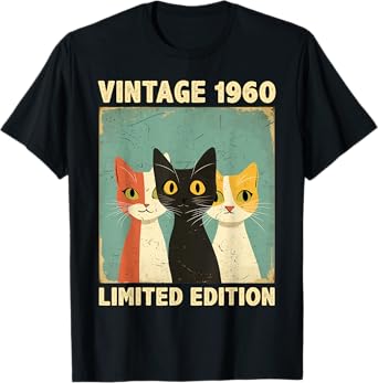 Funny 65 Years Old Gift Vintage 1960 Cat Lover 65th Birthday Men Women Kids T-Shirt