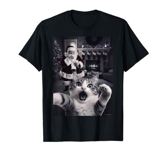 Funny Cat Selfie With Santa Christmas T-Shirt