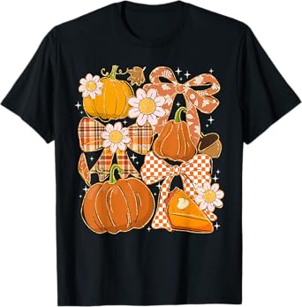 Coquette Bow Pumpkin Spice Thanksgiving Autumn Fall Leaves T-Shirt