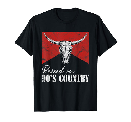 Raised On 90's Country Music Vintage Western Bull Skull T-Shirt