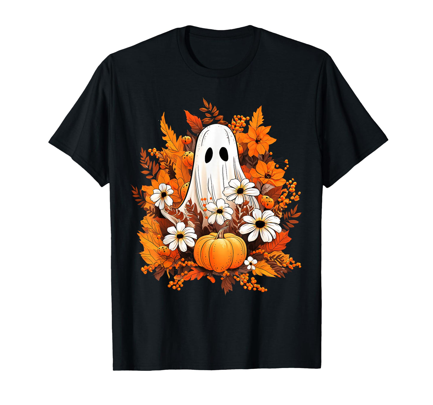 Vintage Halloween Ghost Pumpkin Daisy Floral Autumn Spooky T-Shirt