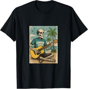 Vintage Skeleton Summer vibes Funny Beach Guitar T-Shirt