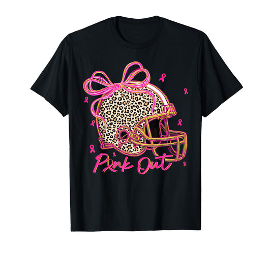 Pink Out Leopard Football Helmet Bow Preppy Breast Cancer T-Shirt